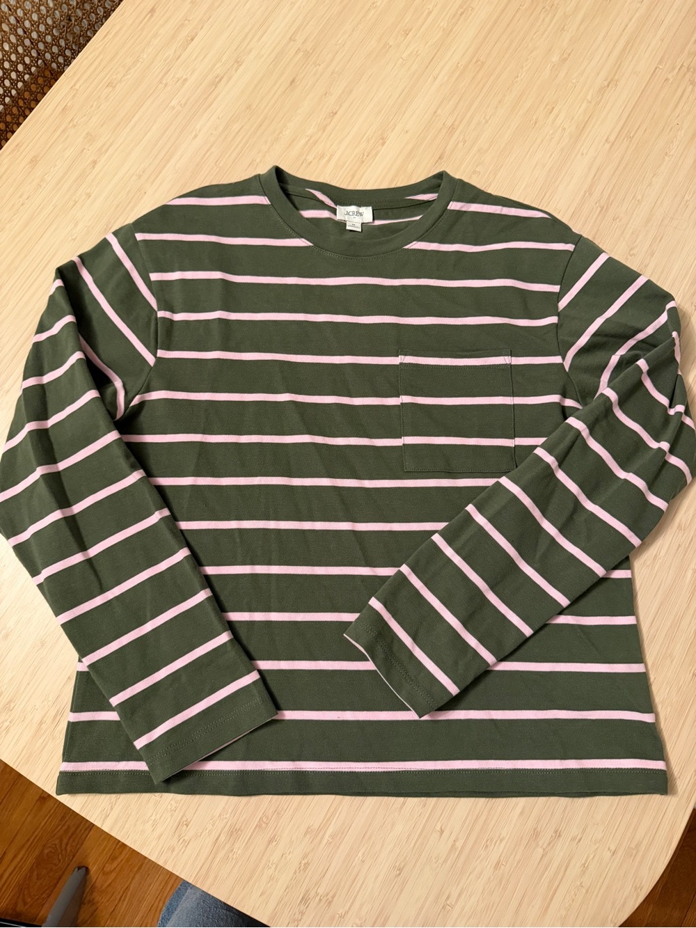 Womens Olive Green & Pink Striped Long-Sleeve Crewneck Shirt